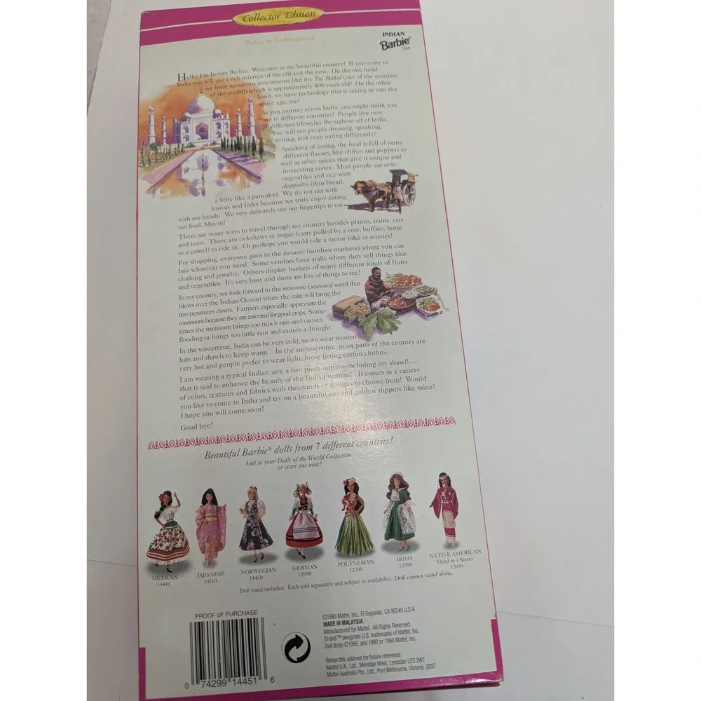 Barbie Dolls of the World Indian Barbie Doll Collector Edition 1995 Mattel 14451